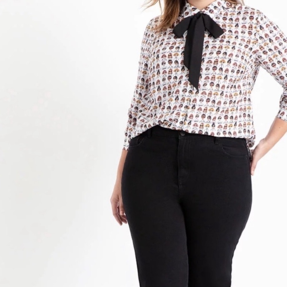ELOQUII Printed Tie-Neck Women’s Face Diversity Button Front Blouse Size 26